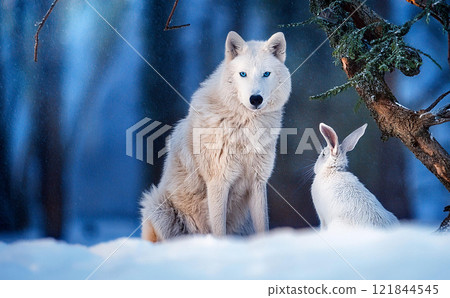 Wolf and rabbit huddled together in a snowy forest 7 121844545