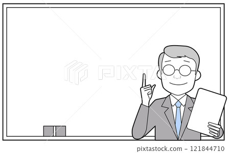 A middle-aged man giving an explanation in front of a whiteboard 121844710