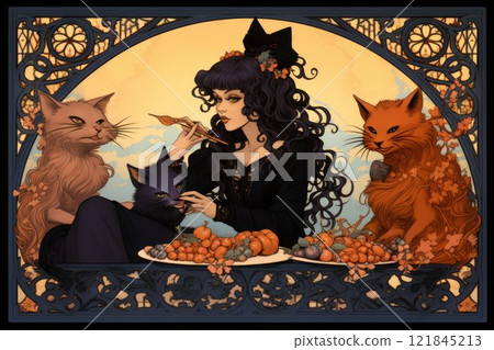 Scheming witches' familiars, such as cunning black cats - Generative AI Scheming witches' familiars, such as cunning black cats - Generative AI 121845213