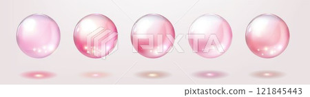 Collagen realistic translucent pink spheres isolated on pink background. 3d anti aging moisture essence drops. Vitamin, rose water template vector illustration Collagen realistic translucent pink spheres isolated on pink background. 3d anti aging moisture essence drops. Vitamin, rose water template vector illustration 121845443