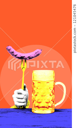 Conceptual graphic design. Sausage on fork with beer mug, representing festive food, holiday fun against vibrant background. 121845476