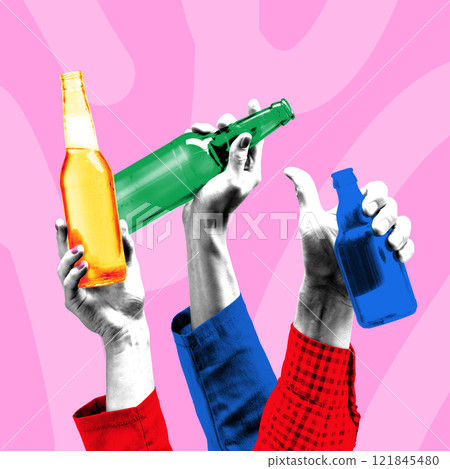 Conceptual graphic design. Colorful bottles held high, bold tones illustrating vibrant nightlife, festive energy, and collective joy. 121845480