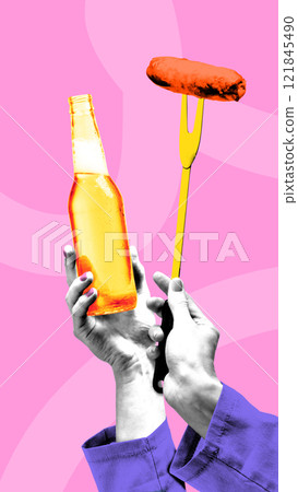 Conceptual graphic design. Hands holding bottle and skewer with sausage against vibrant pink background with abstract curves. 121845490