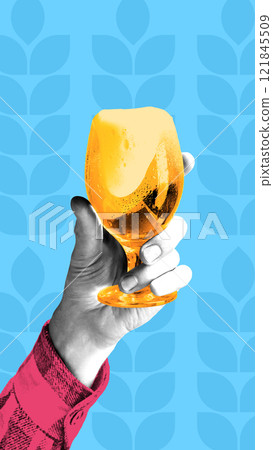 Conceptual graphic design. Hand holding frothy glass of beer, against blue background with minimalist leaf patterns. Conceptual graphic design. Hand holding frothy glass of beer, against blue background with minimalist leaf patterns. 121845509