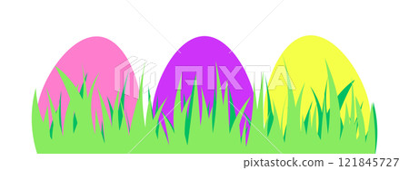 Colorful Easter eggs in pink, purple, and yellow partially hidden in green grass on a white background. Spring holiday design. Colorful Easter eggs in pink, purple, and yellow partially hidden in green grass on a white background. Spring holiday design. 121845727