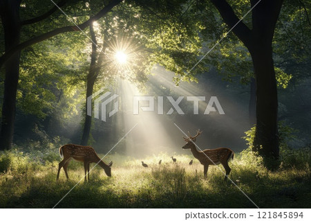 Sunlight filters through ancient trees as graceful deer roam in a tranquil forest setting at dawn. Generative AI Sunlight filters through ancient trees as graceful deer roam in a tranquil forest setting at dawn. Generative AI 121845894