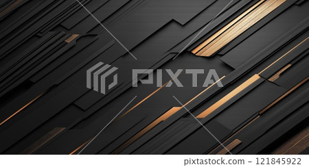 Textures of black and gold harmonize in a modern abstract design showcasing striking contrasts and spatial depth. Generative AI 121845922