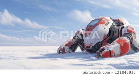 Futuristic robotic explorer rests on a snow-covered landscape under a vast blue sky at dawn. Generative AI 121845935