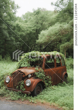 Rusting relic overtaken by nature in a serene forest setting during a misty morning. Generative AI 121845944