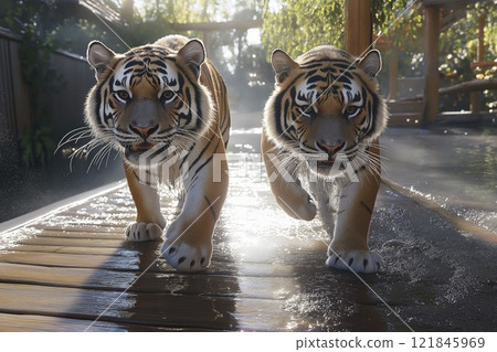 Majestic tigers exploring a lush jungle pathway under the warm sunlight in the early morning hours. Generative AI 121845969