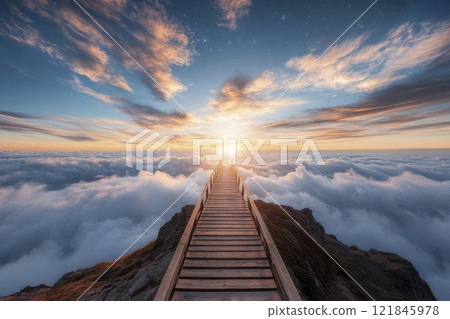 Captivating sunrise over the clouds from a serene wooden pathway on a mountain peak. Generative AI Captivating sunrise over the clouds from a serene wooden pathway on a mountain peak. Generative AI 121845978