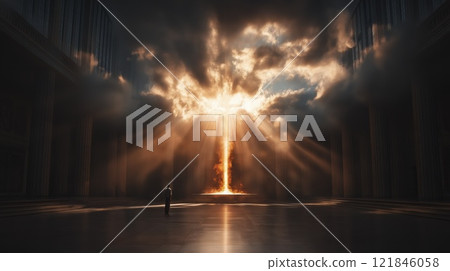 Mysterious light breaks through dark clouds illuminating an ancient temple at twilight. Generative AI 121846058