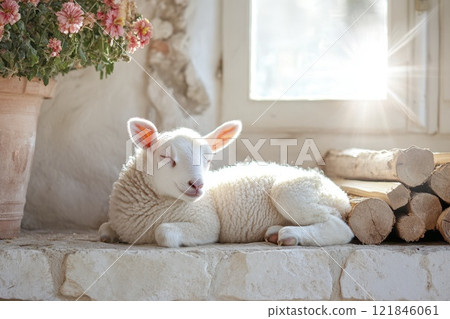 Sunny afternoon with a sleeping lamb resting peacefully beside wooden logs and blooming flowers. Generative AI Sunny afternoon with a sleeping lamb resting peacefully beside wooden logs and blooming flowers. Generative AI 121846061
