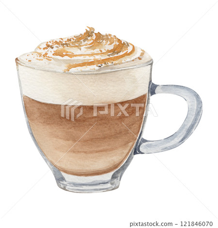Watercolor illustration of cappuchino coffee with foam and caramel topping in a glass mug on a white background 121846070