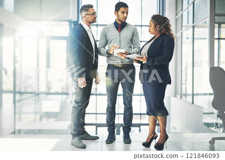 Modern business people talking about company or corporate strategy together for marketing project in a modern office or workplace. Manager or CEO team leader checking task management with employees 121846093