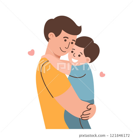 Happy father and son hugging and kissing. Cute flat illustration. Happy father and son hugging and kissing. Cute flat illustration. 121846172