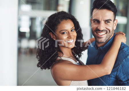 Hugging, love and affection couple loving, happy and smiling. Diverse boyfriend and girlfriend bonding together, dating and feeling positive. Married people traveling on honeymoon 121846182