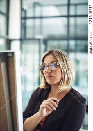 Businesswoman thinking, planning and brainstorming while looking thoughtful and writing ideas on an office whiteboard. Female entrepreneur working on a plan and strategy to achieve marketing success Businesswoman thinking, planning and brainstorming while looking thoughtful and writing ideas on an office whiteboard. Female entrepreneur working on a plan and strategy to achieve marketing success 121846212