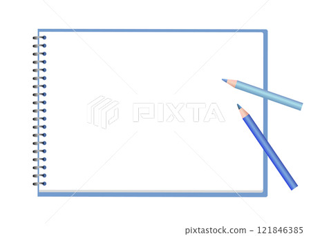 兩支色鉛筆和一本素描本。有足夠的複製空間。 兩支色鉛筆和一本素描本。有足夠的複製空間。 121846385