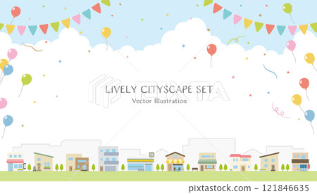 街景中排列著簡單的商店和房屋，背景是氣球、花環和五彩紙屑。 16:9 尺寸向量圖 121846635