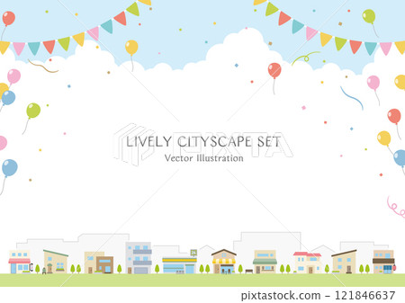 街景中排列著簡單的商店和房屋，背景是氣球、花環和五彩紙屑。尺寸水平向量圖 121846637