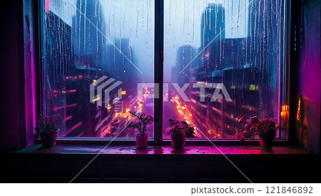 Rainy future city seen through a window | Night cityscape lit up with neon lights Rainy future city seen through a window | Night cityscape lit up with neon lights 121846892