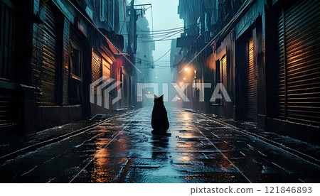 Silhouette of a cat standing in a rainy night city and neon lights 121846893