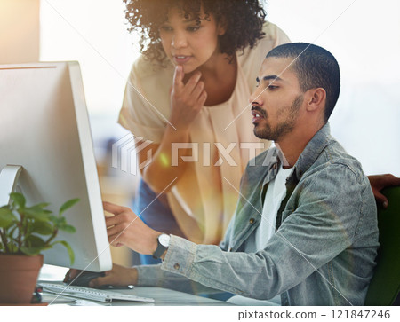 Help, business people and computer with teamwork in workplace for advice, feedback or review project at desk. Company, packaging designer and staff for support, coaching or ideas at printing agency 121847246