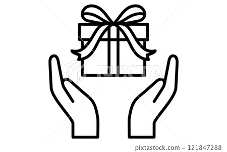 Two hands offering a present gift, simple and cute black and white Valentine icon 121847288