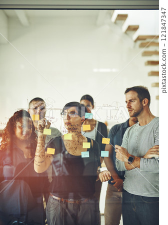 Young creative group in brainstorm, thinking and planning session in a modern office. Team sharing ideas and strategy for collaboration at the workplace. Designers in project plan meeting on glass. Young creative group in brainstorm, thinking and planning session in a modern office. Team sharing ideas and strategy for collaboration at the workplace. Designers in project plan meeting on glass. 121847347