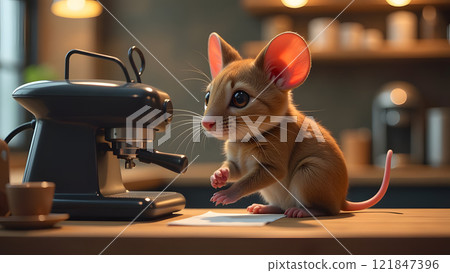 mouse working as barista in a cute coffee shop, generative ai 121847396