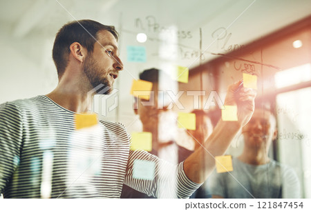 Team leader planning and writing on sticky notes while brainstorming, talking or sharing vision or ideas. Diverse group of creative business people meeting together for market training in new startup 121847454