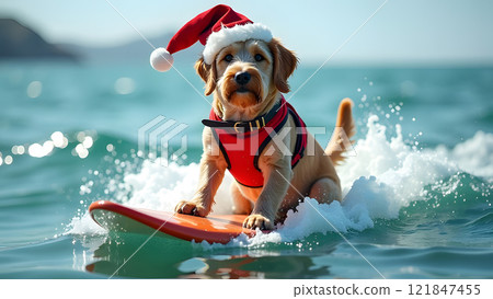 Cute dog surfing wearing christmas hat, generative ai 121847455