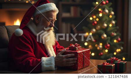 santa clause preparing gifts against festive background, generative ai 121847486