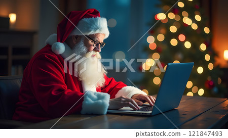 santa clause working on laptop against festive background, generative ai 121847493