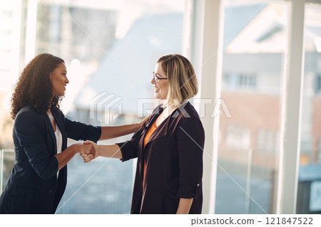 Handshake, meeting and successful manager welcoming, promoting and agreeing with a talking corporate colleague. Smiling team of confident professional women collaborating and showing office teamwork 121847522