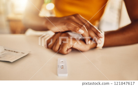 Testing for covid, corona virus or infection with a rapid antigen test kit at home. Closeup of a woman waiting for the result of a screening test to diagnose an illness, sickness or infection 121847617