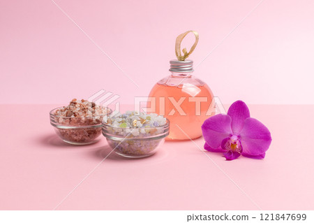 Personal care products on the pink background. Spa accessories. Personal care products on the pink background. Spa accessories. 121847699