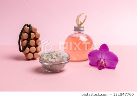 Personal care products on the pink background. Spa accessories. Personal care products on the pink background. Spa accessories. 121847700
