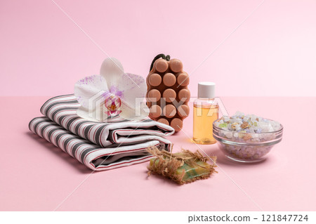 Personal care products on the pink background. Spa accessories. Personal care products on the pink background. Spa accessories. 121847724