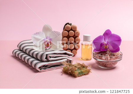 Personal care products on the pink background. Spa accessories. Personal care products on the pink background. Spa accessories. 121847725