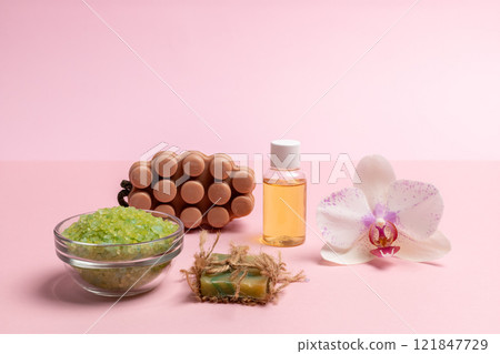 Personal care products on the pink background. Spa accessories. Personal care products on the pink background. Spa accessories. 121847729