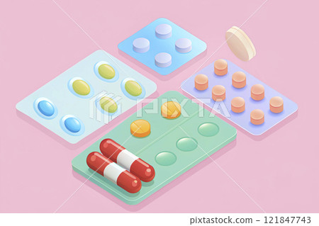 Various medications in tablets, blisters, capsules on pink 121847743