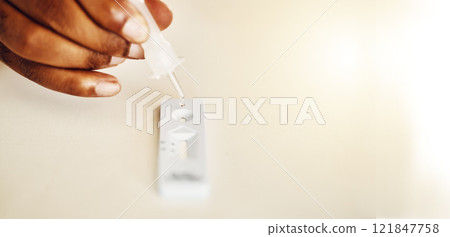 Covid, pandemic and virus at home test equipment closeup used to detect illness, disease or infection with medical DIY, easy to use kit. Antigen testing or detection tool with a copy space background 121847758