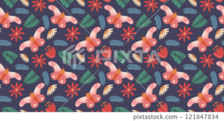 Seamless Butterfly and Floral Pattern Featuring Hand-Drawn Botanical Elements in Soft Pastel Tones on Dark Blue Background Perfect for Fabric, Wrapping Paper, and Graphic Design 121847834