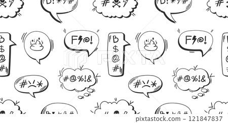 Comic Speech Bubble Pattern with Swear Symbols, Hand-Drawn Doodle Style, Ideal for Comic Strips, Digital Design, Backgrounds, and Humorous Illustrations 121847837