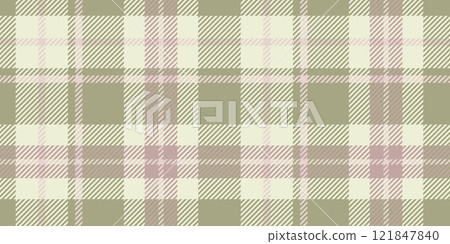 A seamless plaid pattern in muted beige, light pink, and olive green, featuring intersecting lines and squares for a traditional tartan look. 121847840