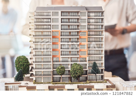 Closeup of a modern building model for a built architect project. Trendy luxury apartments with elegant architecture ready for corporate business clients. Creative miniature of a cool design 121847882