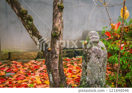 Peaceful stone Buddha statues and fallen autumn leaves [Joshoji Temple] 121848046
