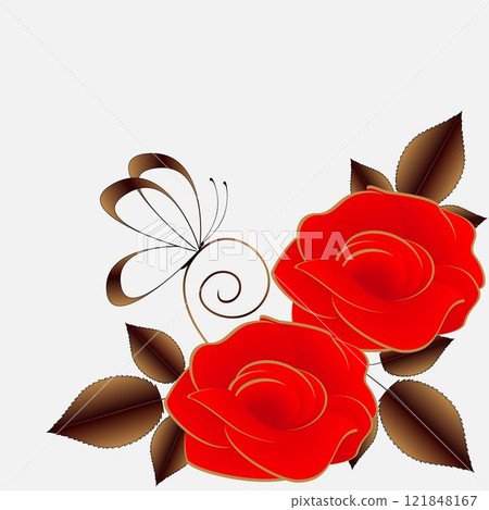 Floral background with red roses and butterfly. 121848167